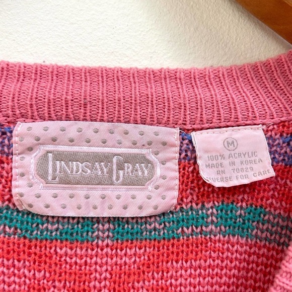 Vintage Pink 80s 90s Lindsay Gray Cardigan Sweater Made in Korea, Size Medium - Picture 12 of 14